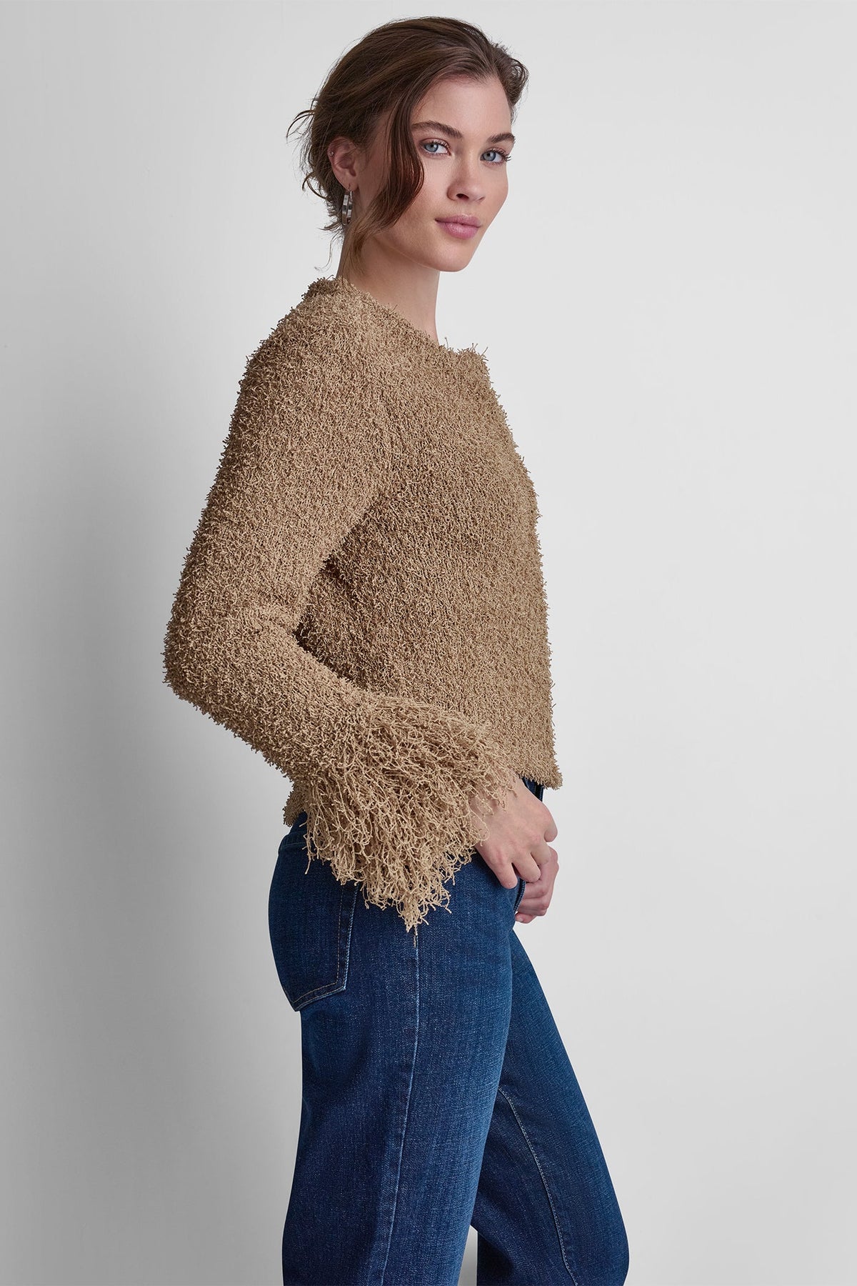 LONG SLEEVE FRINGE CARDIGAN - Travertine | DKNY