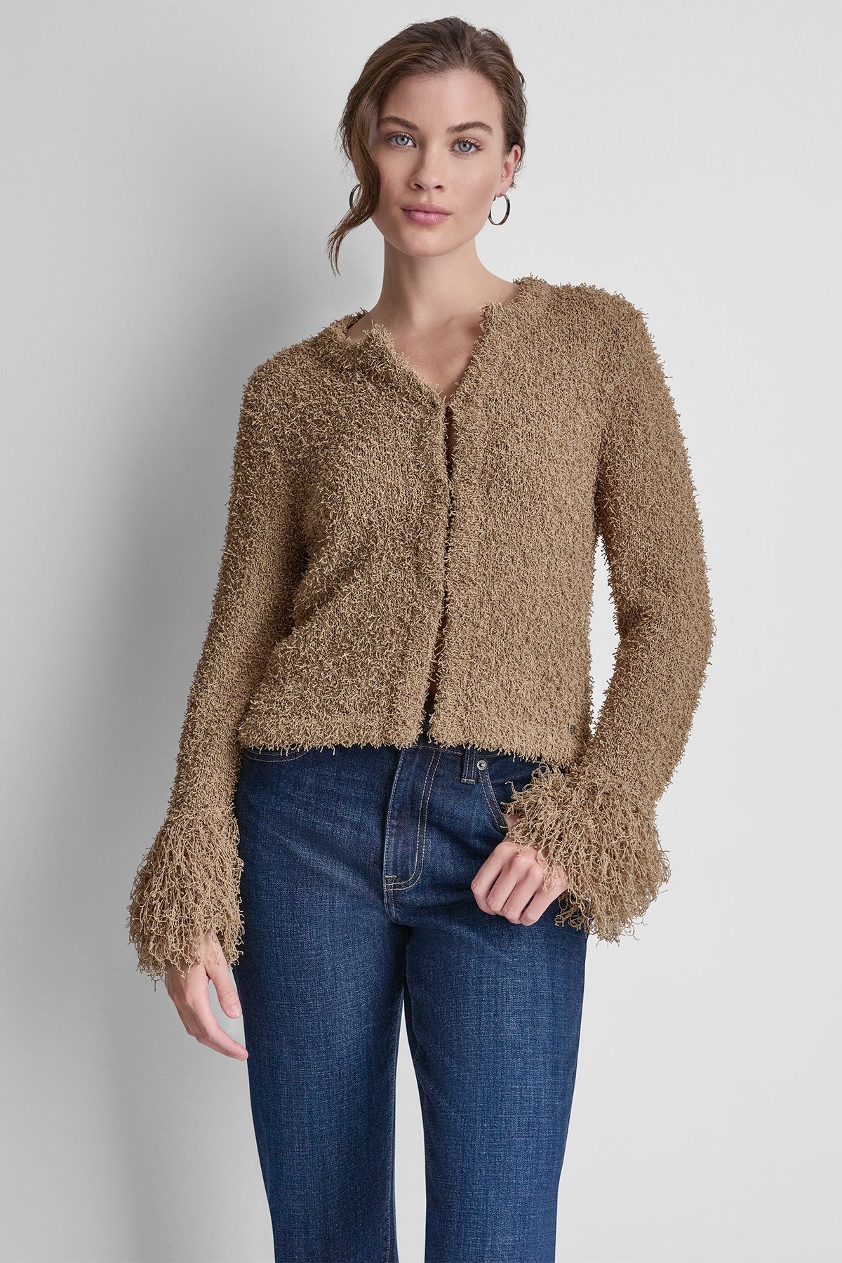 LONG SLEEVE FRINGE CARDIGAN - Travertine | DKNY