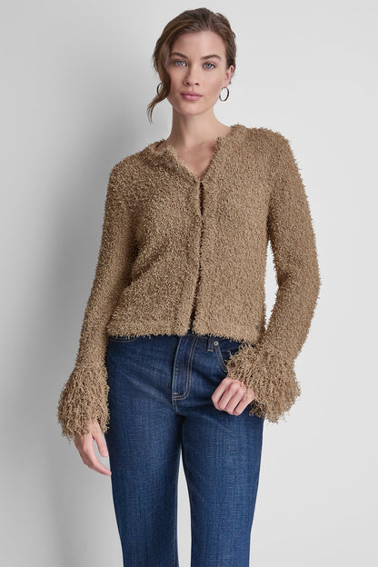LONG SLEEVE FRINGE CARDIGAN - Travertine | DKNY