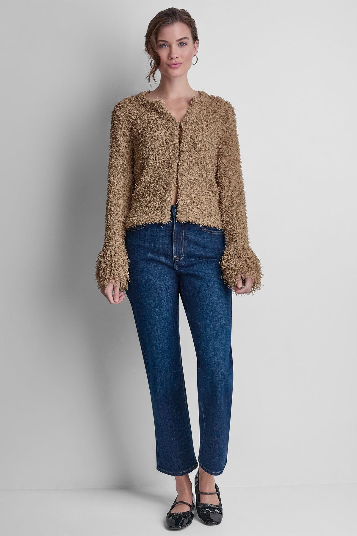 LONG SLEEVE FRINGE CARDIGAN - Travertine | DKNY