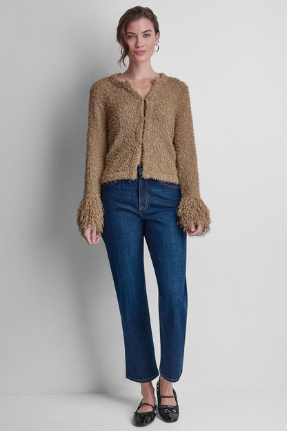 LONG SLEEVE FRINGE CARDIGAN - Travertine | DKNY
