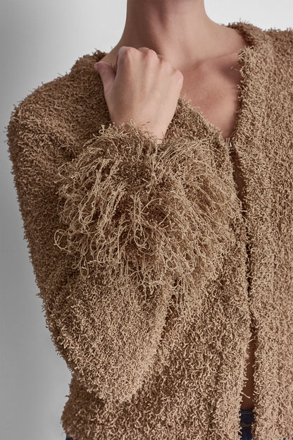 LONG SLEEVE FRINGE CARDIGAN - Travertine | DKNY