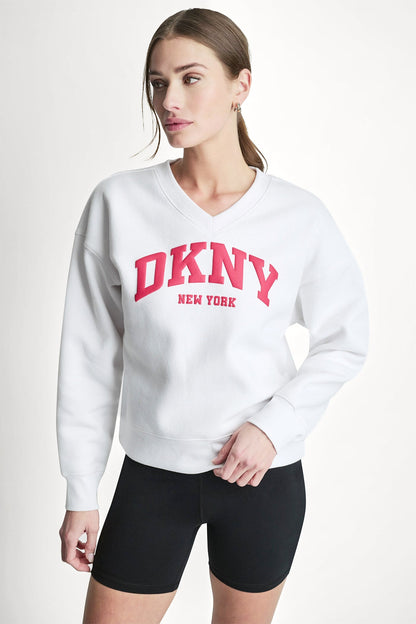PUFF VARSITY LOGO V-NECK PULLOVER - Pearl Grey Heather/Festive Pink | DKNY