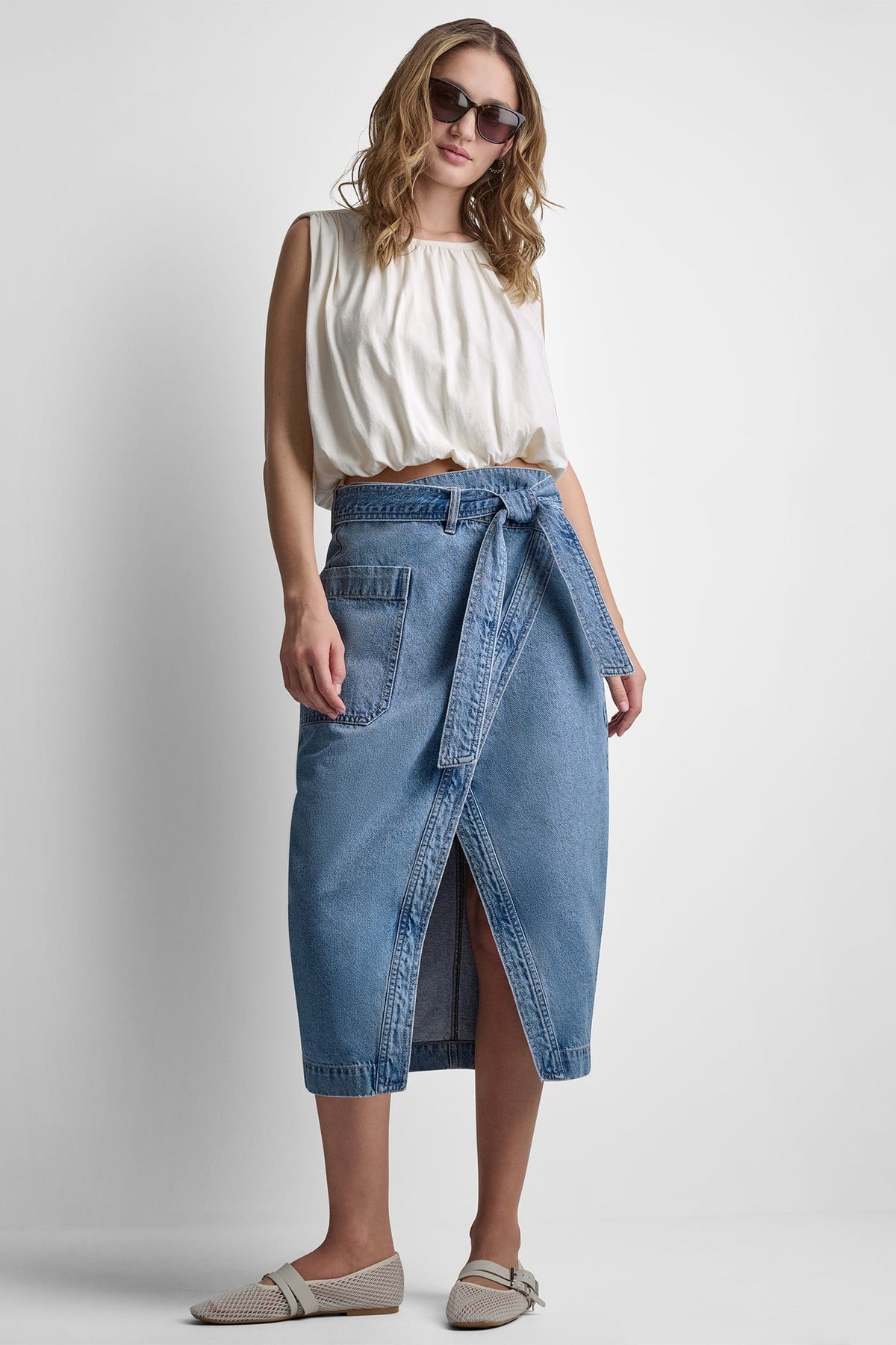 HIGH-RISE DENIM WRAP SKIRT - Crown Street | DKNY