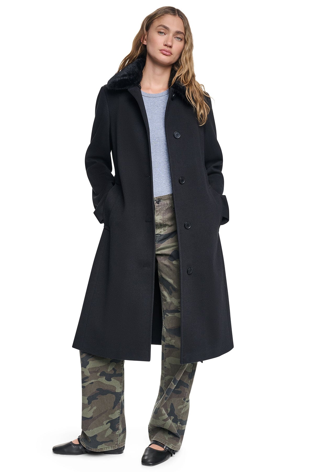TWILL COAT WITH FUR COLLAR - Black | DKNY