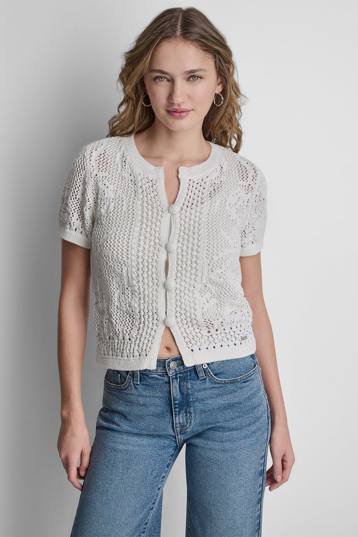 LACE STITCH BUTTON FRONT CARDIGAN - Pink Mist | DKNY