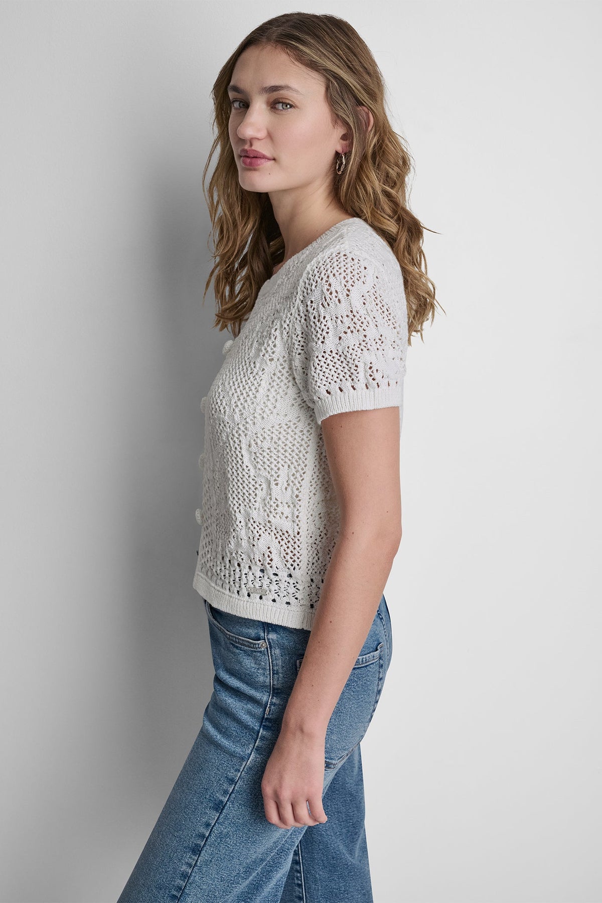 LACE STITCH BUTTON FRONT CARDIGAN - Pink Mist | DKNY