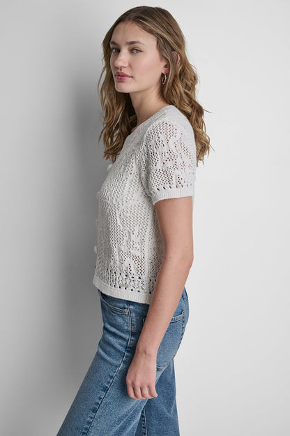 LACE STITCH BUTTON FRONT CARDIGAN - Pink Mist | DKNY
