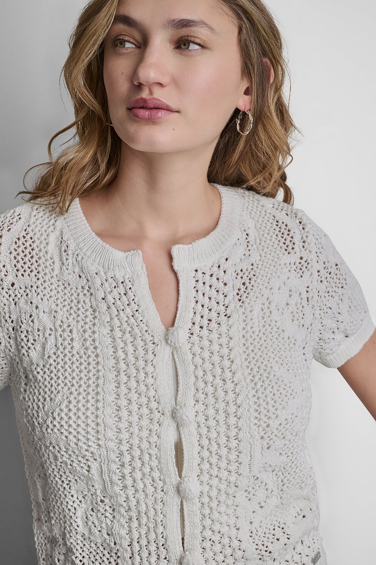 LACE STITCH BUTTON FRONT CARDIGAN - Pink Mist | DKNY