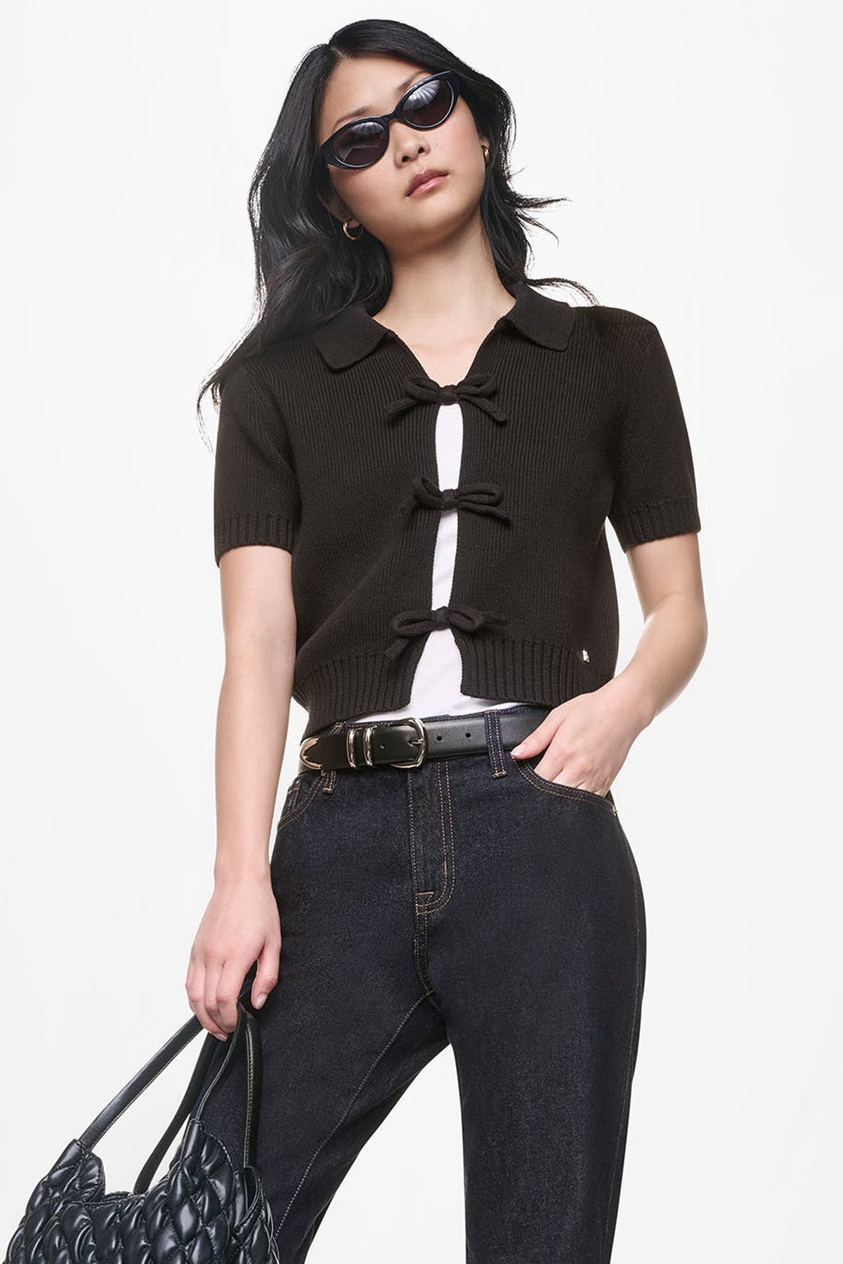 SHORT SLEEVE TIE FRONT POLO SWEATER - Eggnog | DKNY