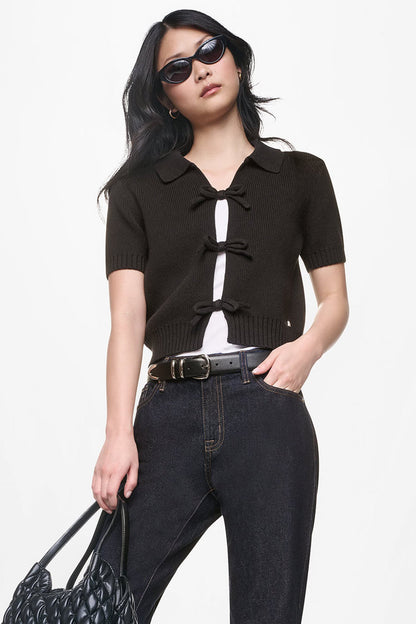 SHORT SLEEVE TIE FRONT POLO SWEATER - Eggnog | DKNY