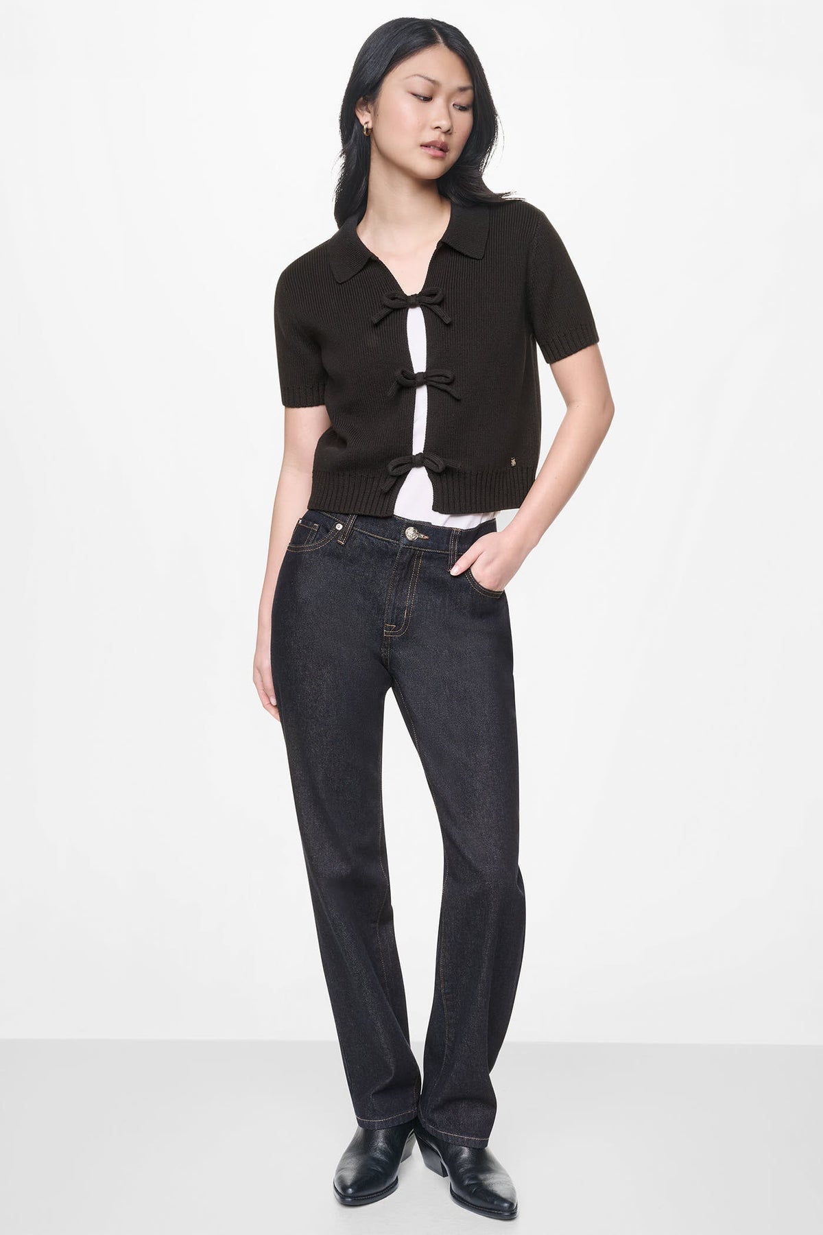 SHORT SLEEVE TIE FRONT POLO SWEATER - Eggnog | DKNY