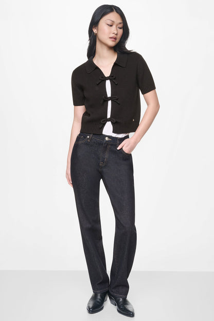 SHORT SLEEVE TIE FRONT POLO SWEATER - Eggnog | DKNY