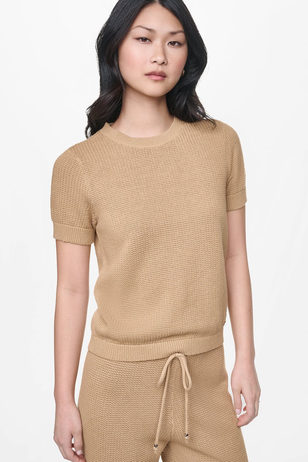 SHORT SLEEVE TUCK STITCH SWEATER - Travertine | DKNY