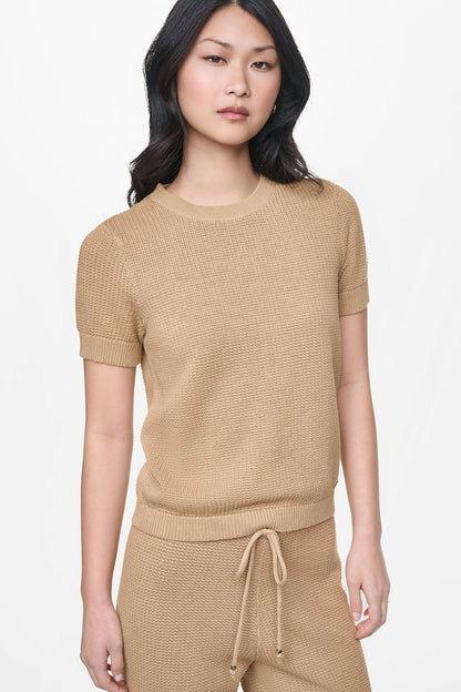 SHORT SLEEVE TUCK STITCH SWEATER - Travertine | DKNY