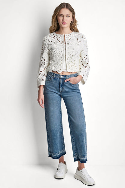 FLORAL CROCHET CARDIGAN WITH SCALLOP HEM - Travertine | DKNY