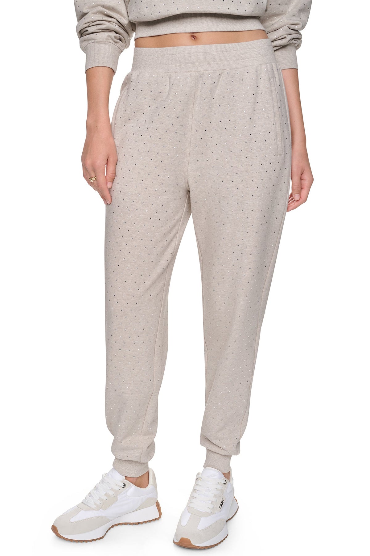 HIGH-RISE RHINESTONE JOGGER PANT - Cortado Heather/Clear | DKNY