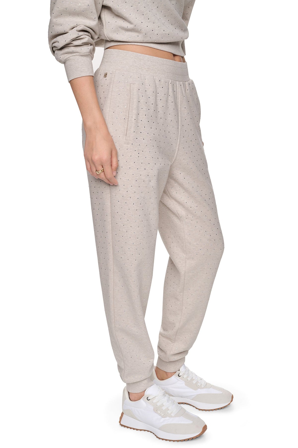 HIGH-RISE RHINESTONE JOGGER PANT - Cortado Heather/Clear | DKNY