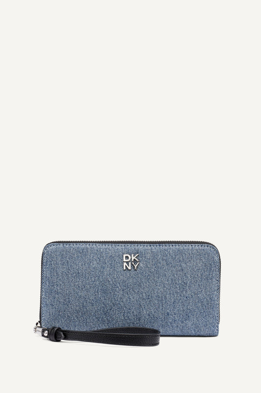 SARAH LARGE ZIP AROUND WALLET - Denim/Black | DKNY