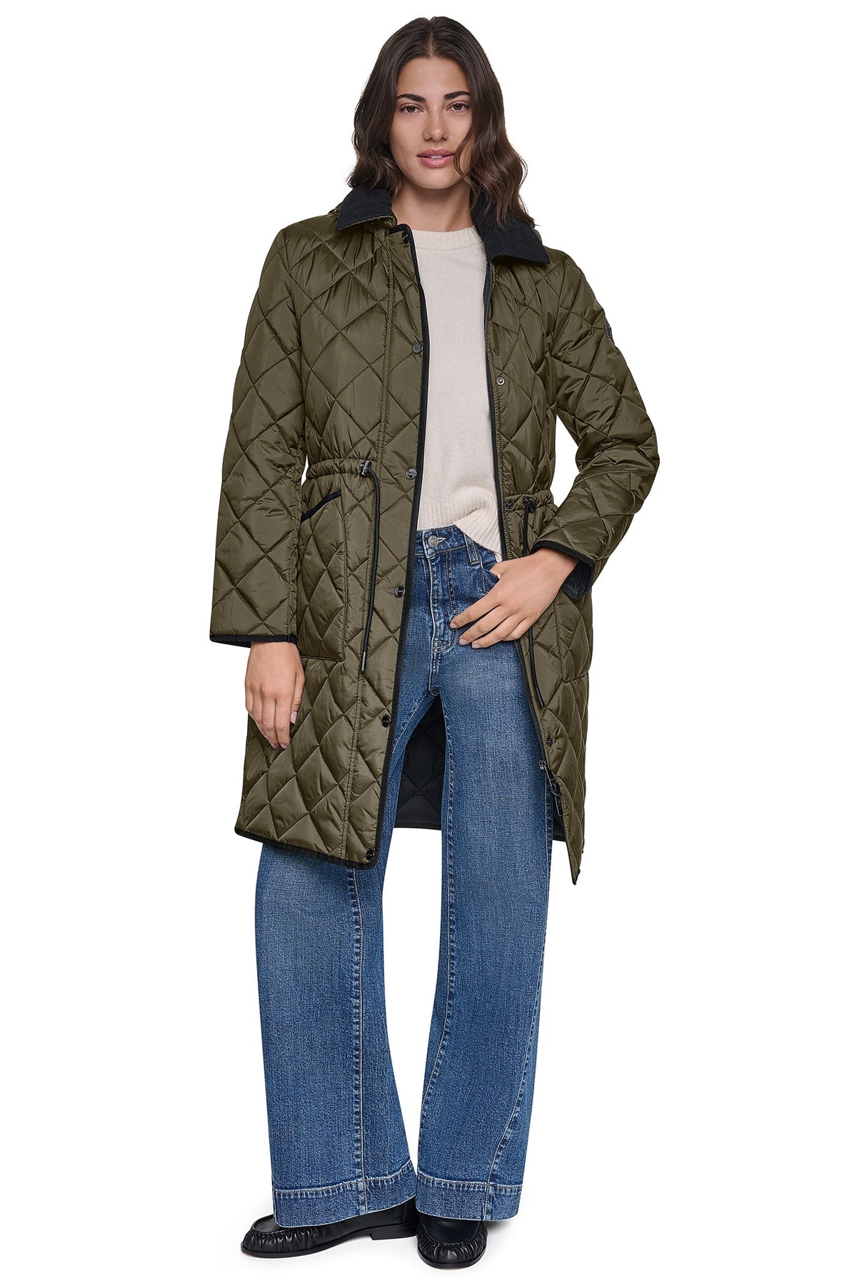 CORDUROY COLLAR HOODED QUILTED COAT - Dark Navy | DKNY