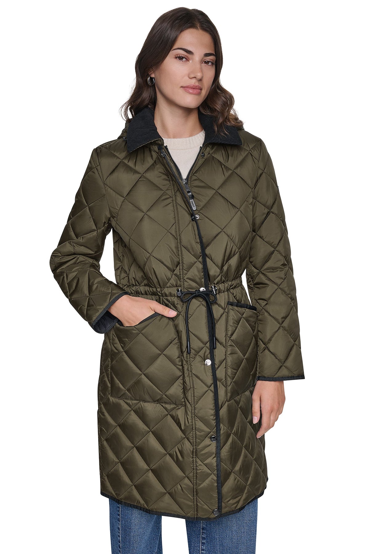 CORDUROY COLLAR HOODED QUILTED COAT - Dark Navy | DKNY