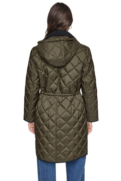 CORDUROY COLLAR HOODED QUILTED COAT - Dark Navy | DKNY