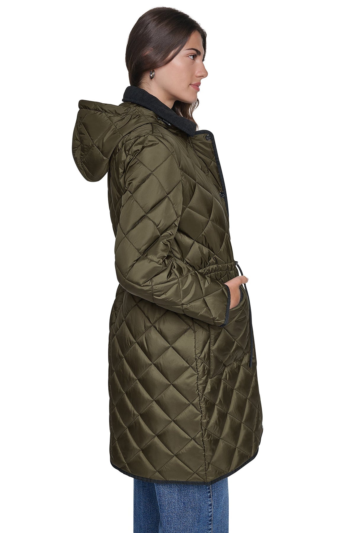 CORDUROY COLLAR HOODED QUILTED COAT - Dark Navy | DKNY