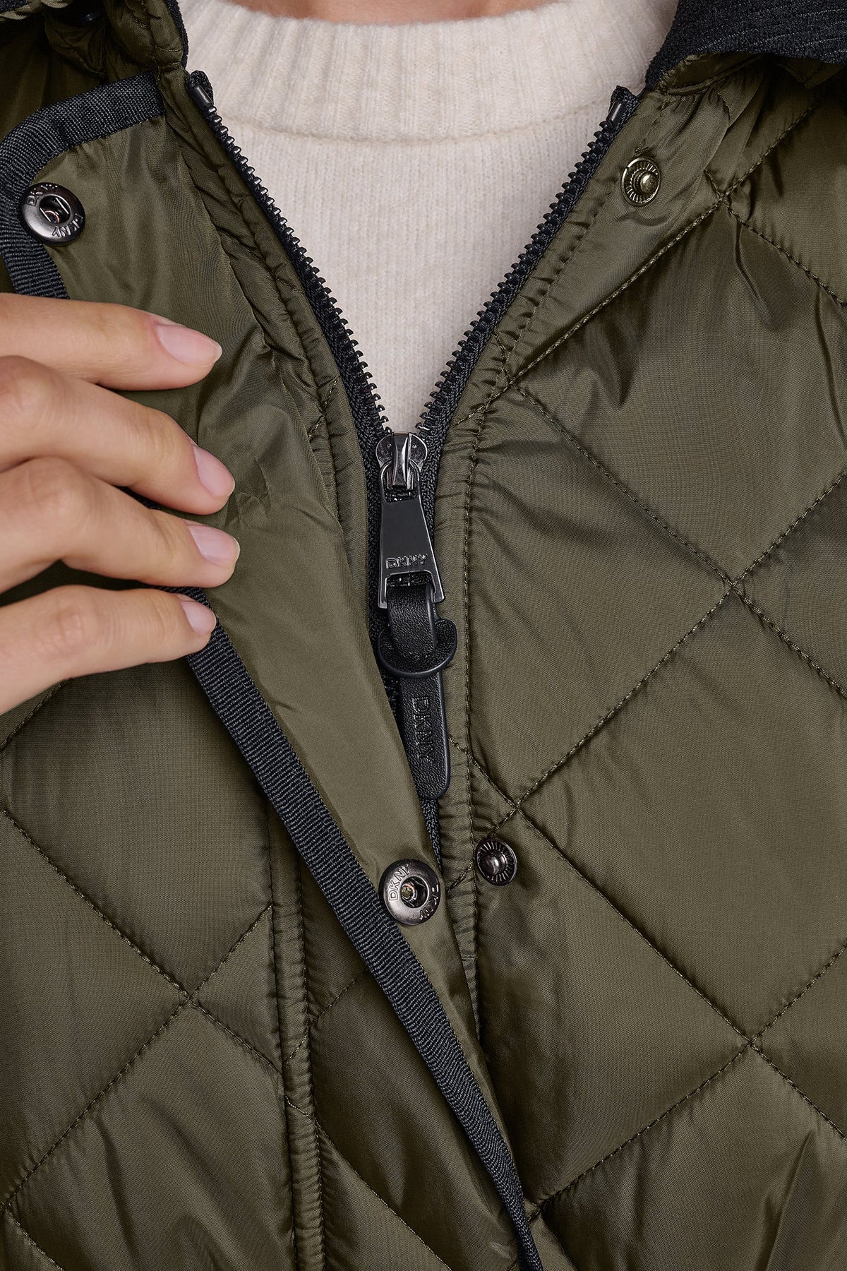 CORDUROY COLLAR HOODED QUILTED COAT - Dark Navy | DKNY