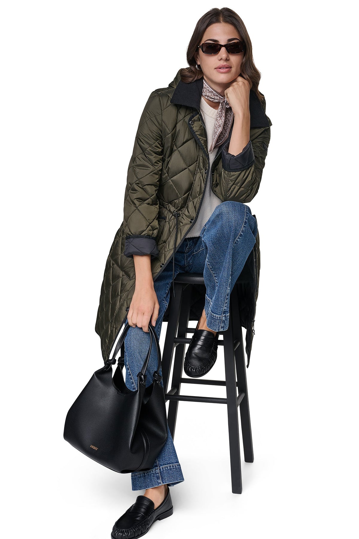 CORDUROY COLLAR HOODED QUILTED COAT - Dark Navy | DKNY