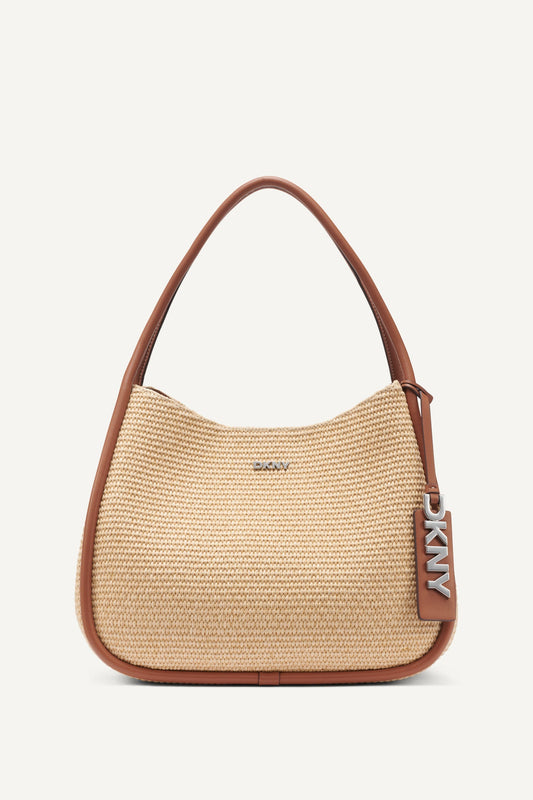 CAPRI WOVEN STRAW LARGE HOBO BAG - Natural/Saddle | DKNY