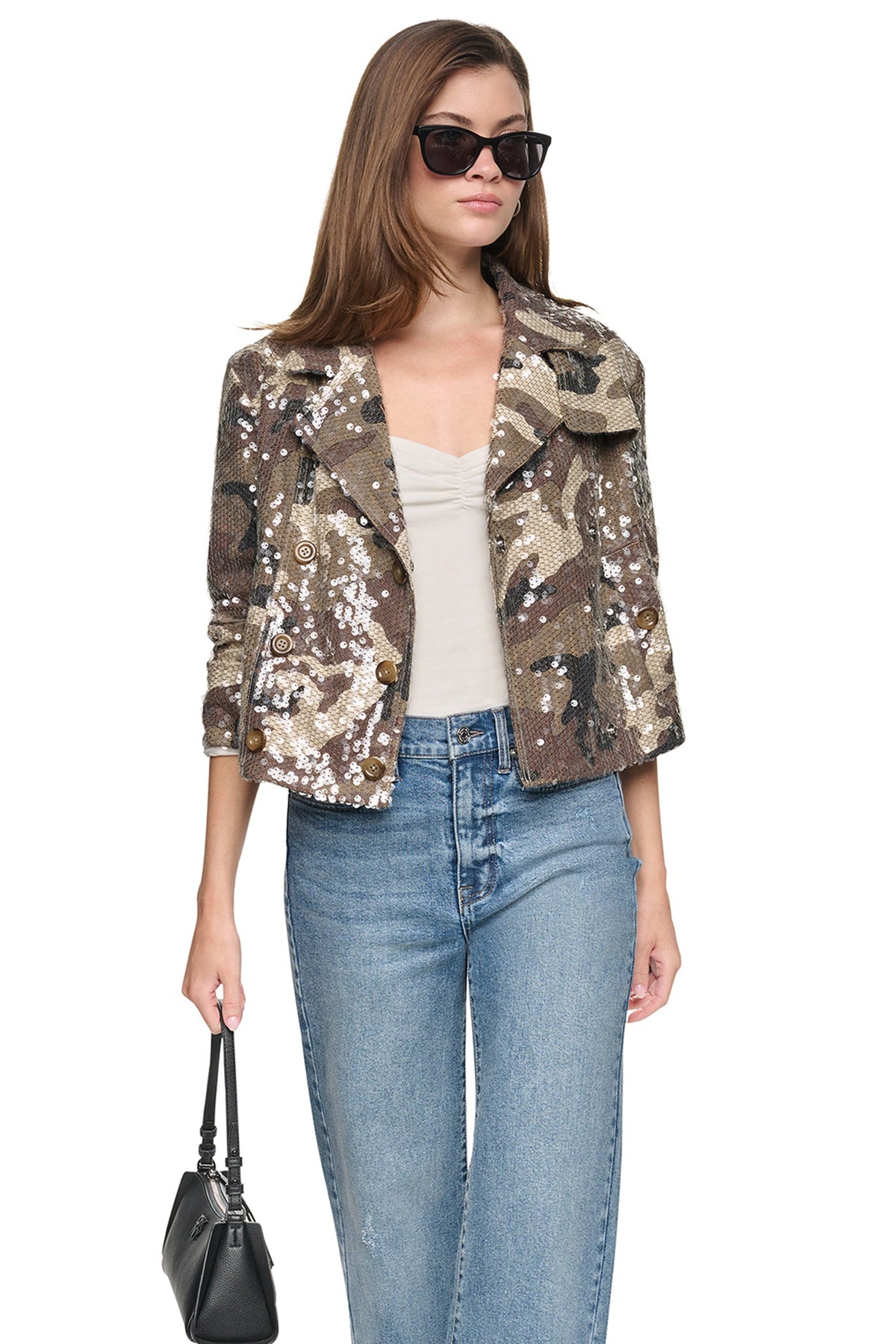 SEQUIN DOUBLE BREASTED TRENCH COAT - Covert Camo Taupe | DKNY