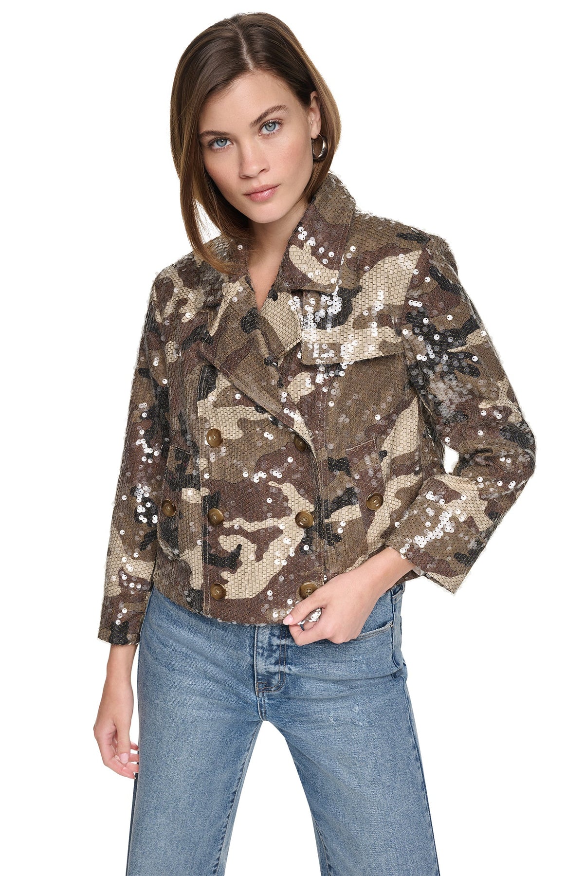 SEQUIN DOUBLE BREASTED TRENCH COAT - Covert Camo Taupe | DKNY