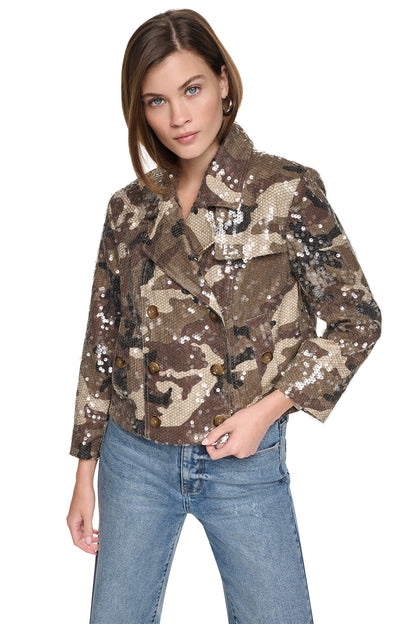 SEQUIN DOUBLE BREASTED TRENCH COAT - Covert Camo Taupe | DKNY