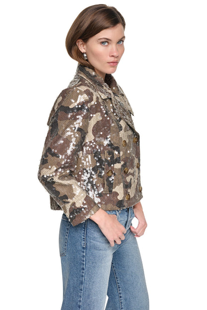SEQUIN DOUBLE BREASTED TRENCH COAT - Covert Camo Taupe | DKNY