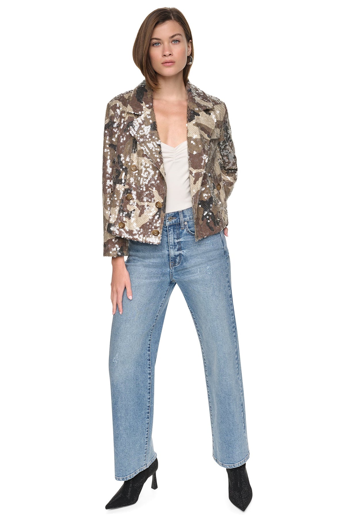 SEQUIN DOUBLE BREASTED TRENCH COAT - Covert Camo Taupe | DKNY