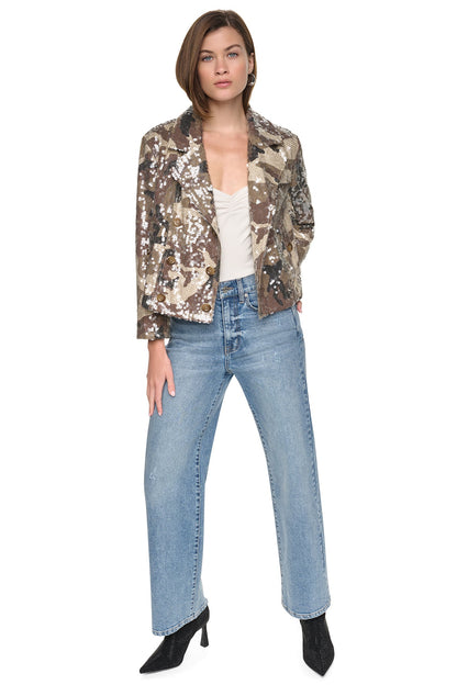 SEQUIN DOUBLE BREASTED TRENCH COAT - Covert Camo Taupe | DKNY