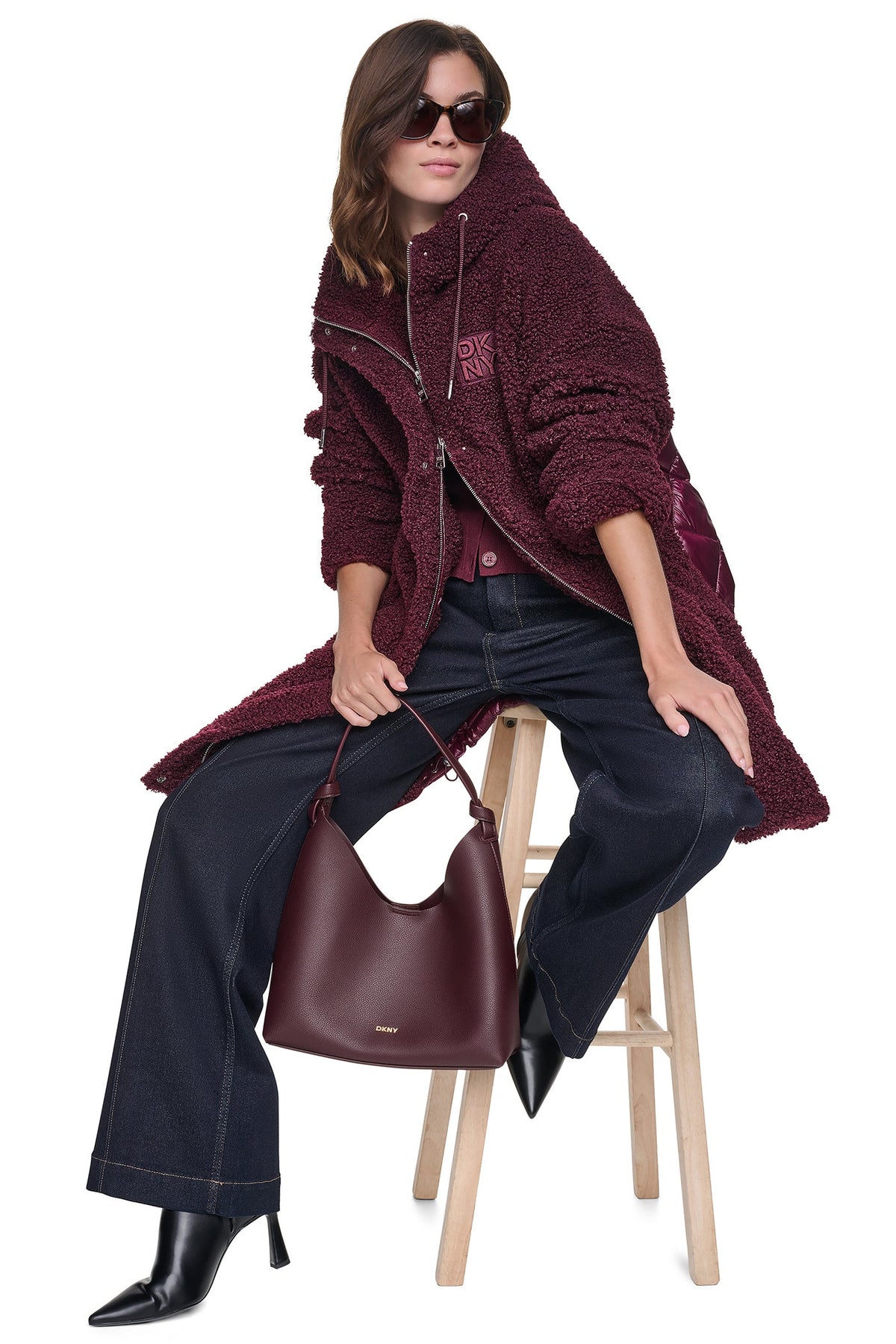 SHERPA MIXED MEDIA HOODED JACKET - Claret | DKNY