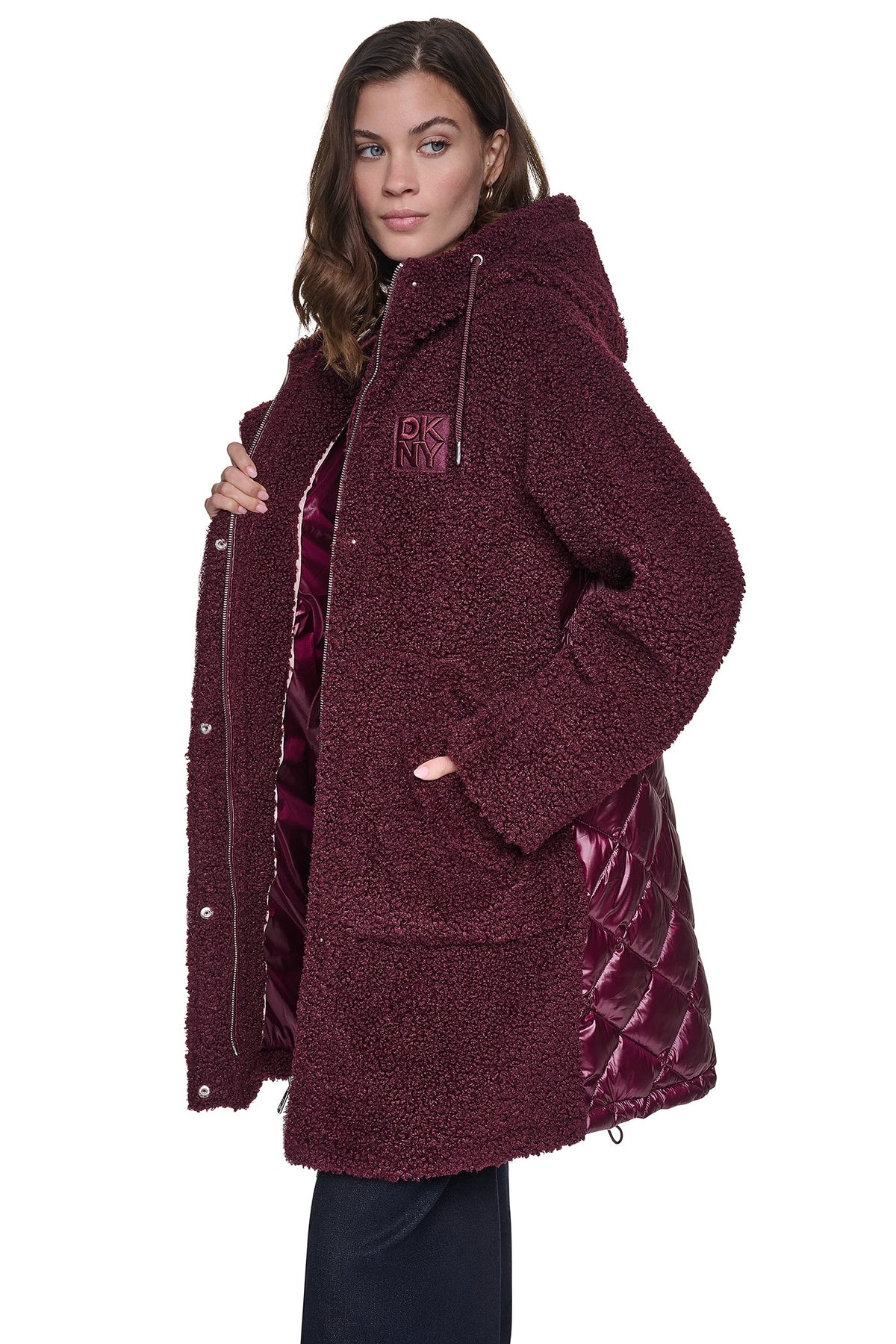SHERPA MIXED MEDIA HOODED JACKET - Claret | DKNY