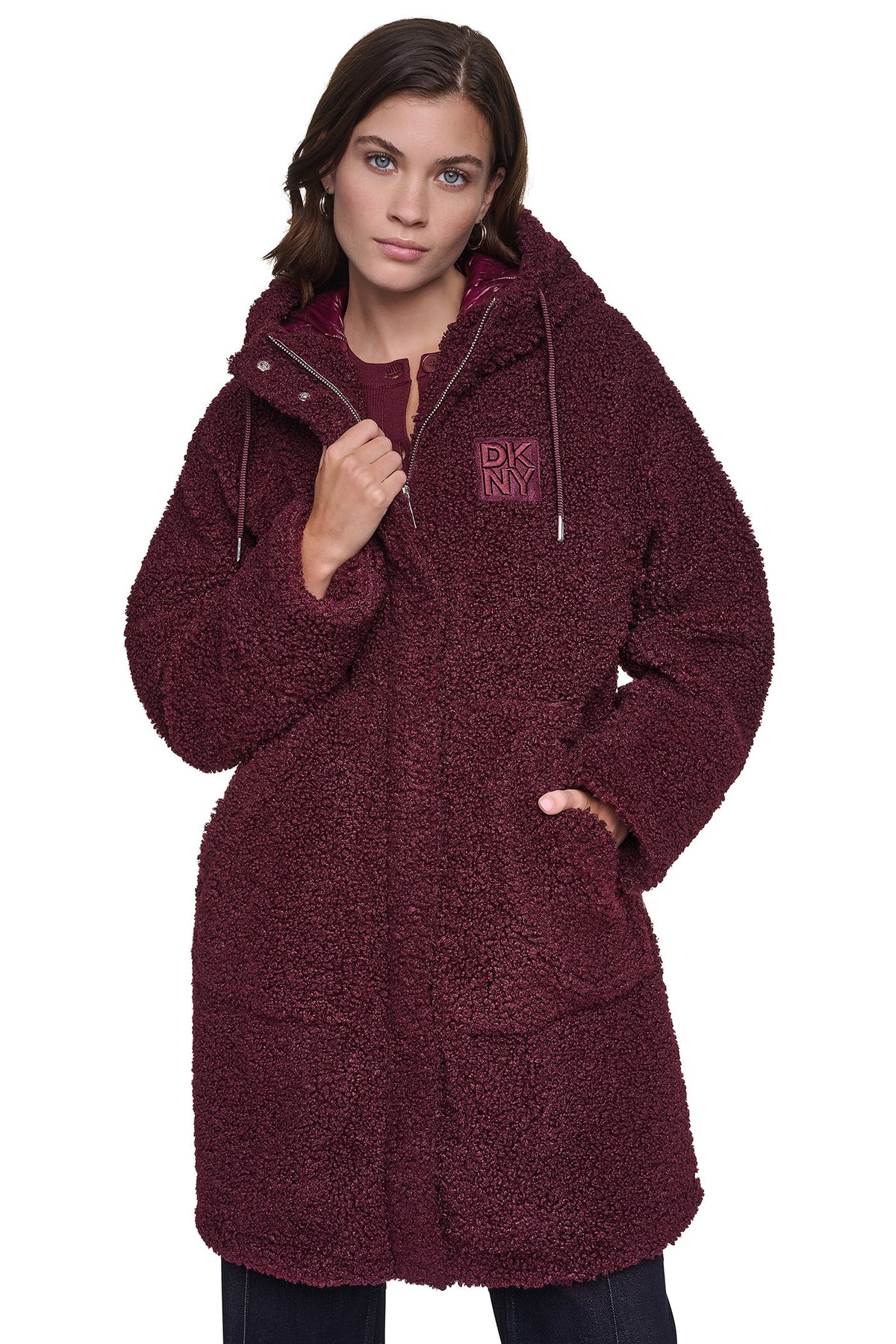 SHERPA MIXED MEDIA HOODED JACKET - Claret | DKNY
