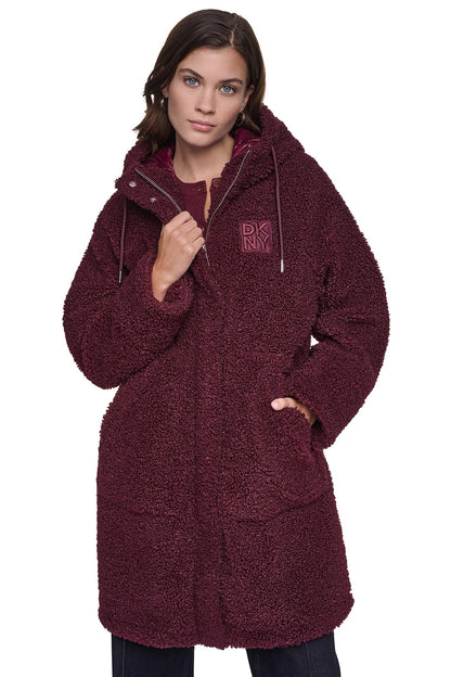 SHERPA MIXED MEDIA HOODED JACKET - Claret | DKNY