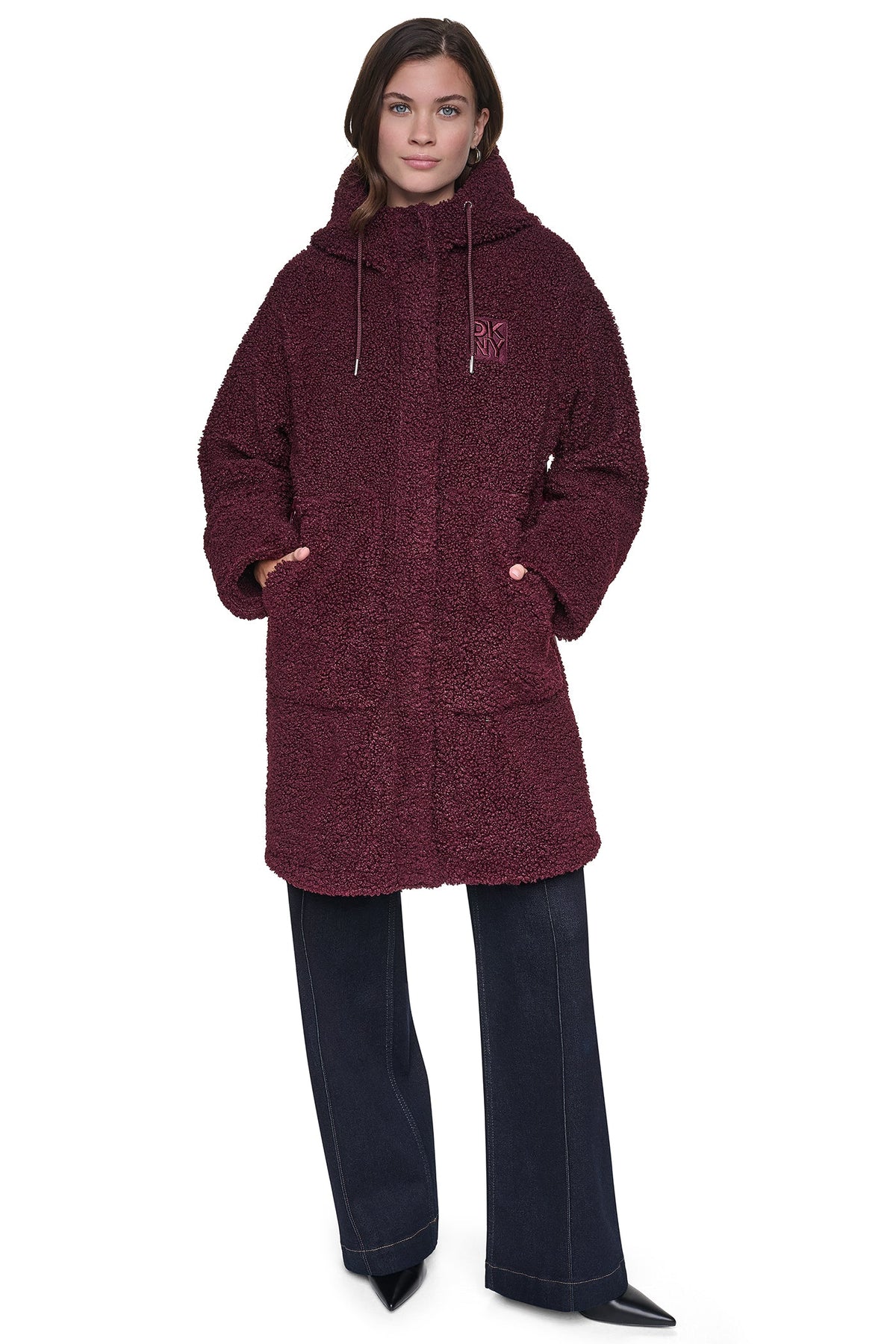 SHERPA MIXED MEDIA HOODED JACKET - Claret | DKNY