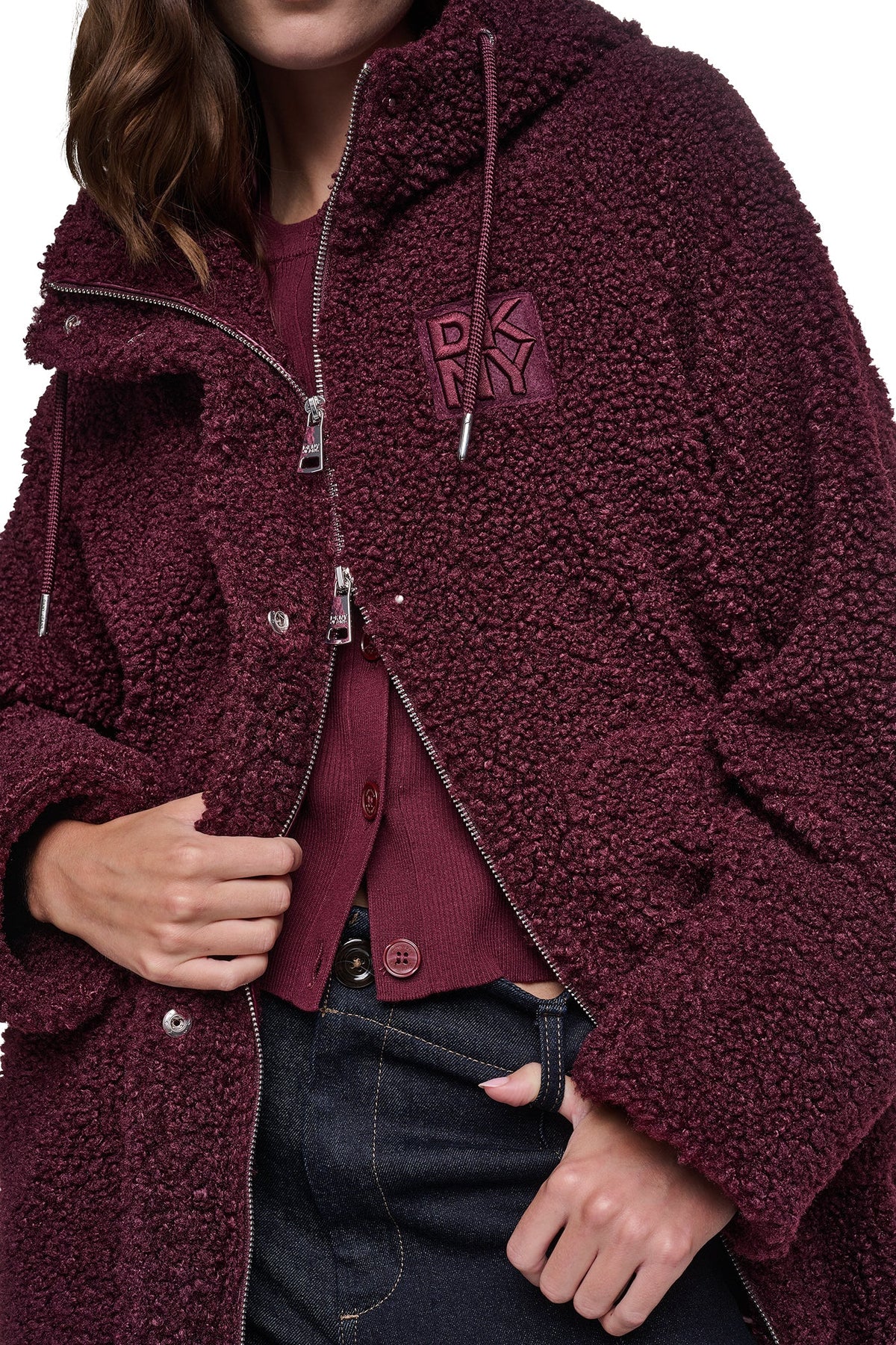 SHERPA MIXED MEDIA HOODED JACKET - Claret | DKNY
