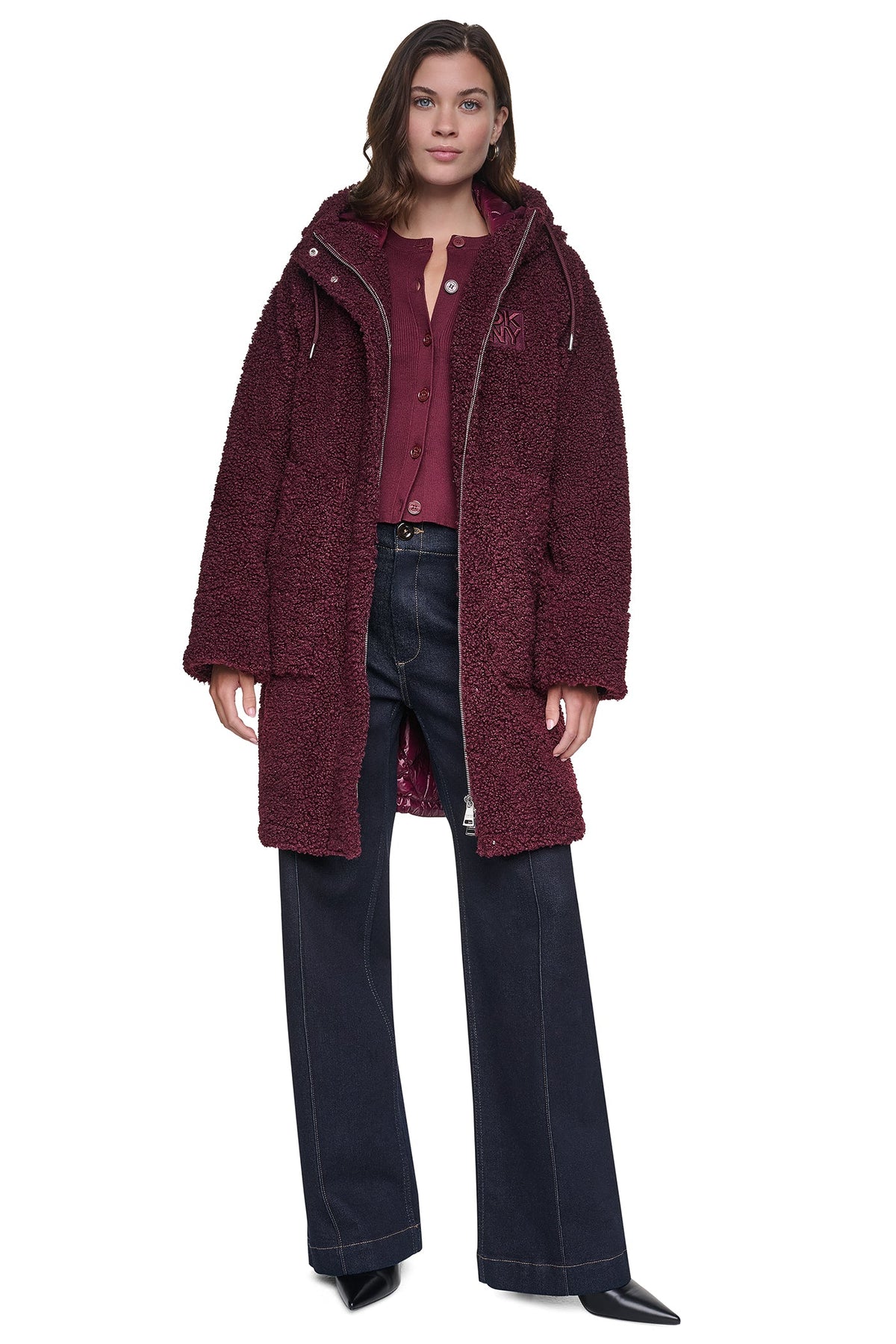 SHERPA MIXED MEDIA HOODED JACKET - Claret | DKNY