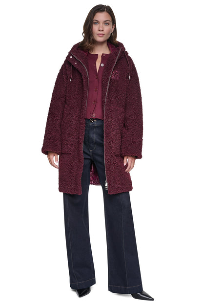 SHERPA MIXED MEDIA HOODED JACKET - Claret | DKNY