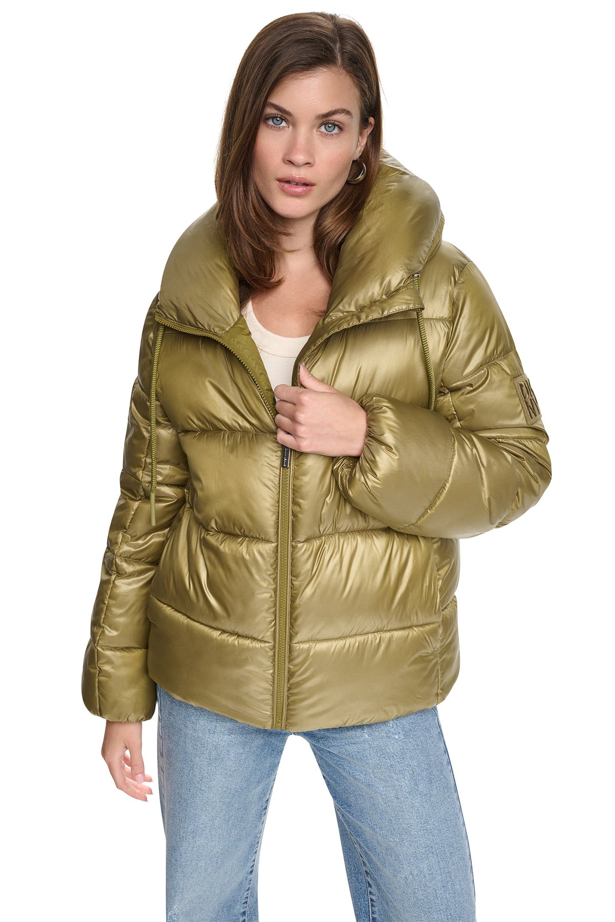 QUILTED PUFFER WITH DRAMA COLLAR - Metallic Zinc | DKNY