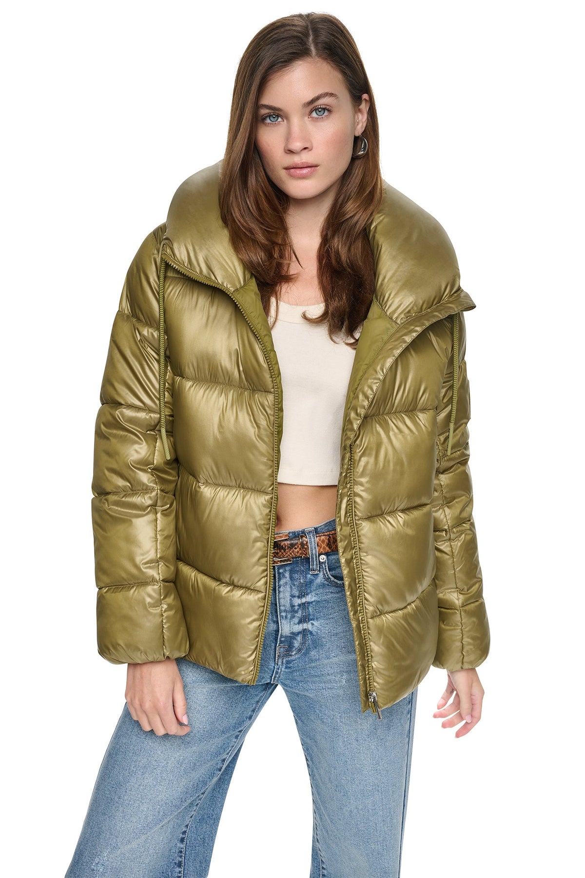 QUILTED PUFFER WITH DRAMA COLLAR - Metallic Zinc | DKNY