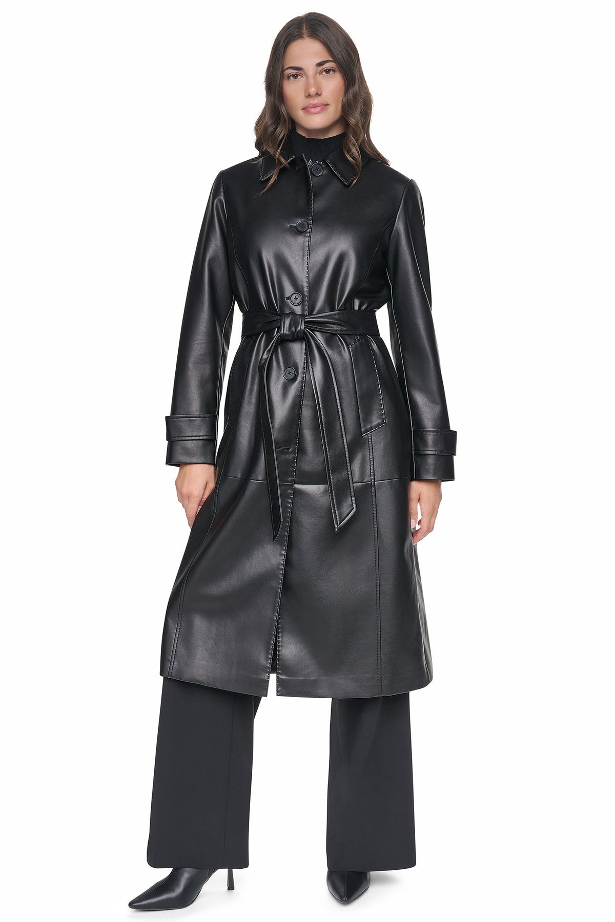 FAUX LEATHER BELTED LONG TRENCH - Stone | DKNY