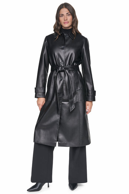FAUX LEATHER BELTED LONG TRENCH - Stone | DKNY