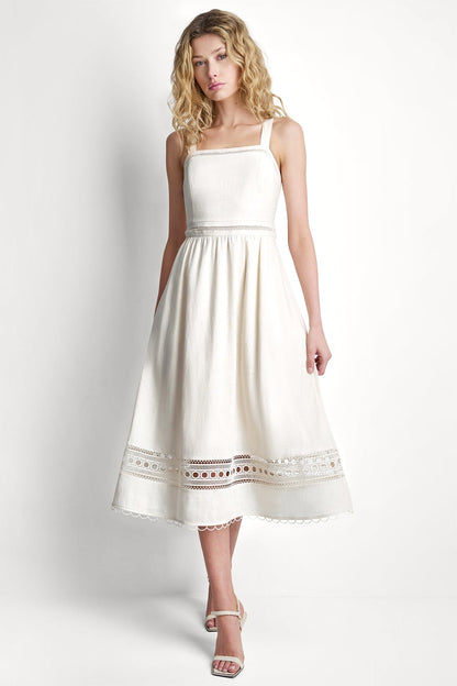 LINEN-BLEND LACE-TRIMMED MIDI DRESS - Coconut | DKNY
