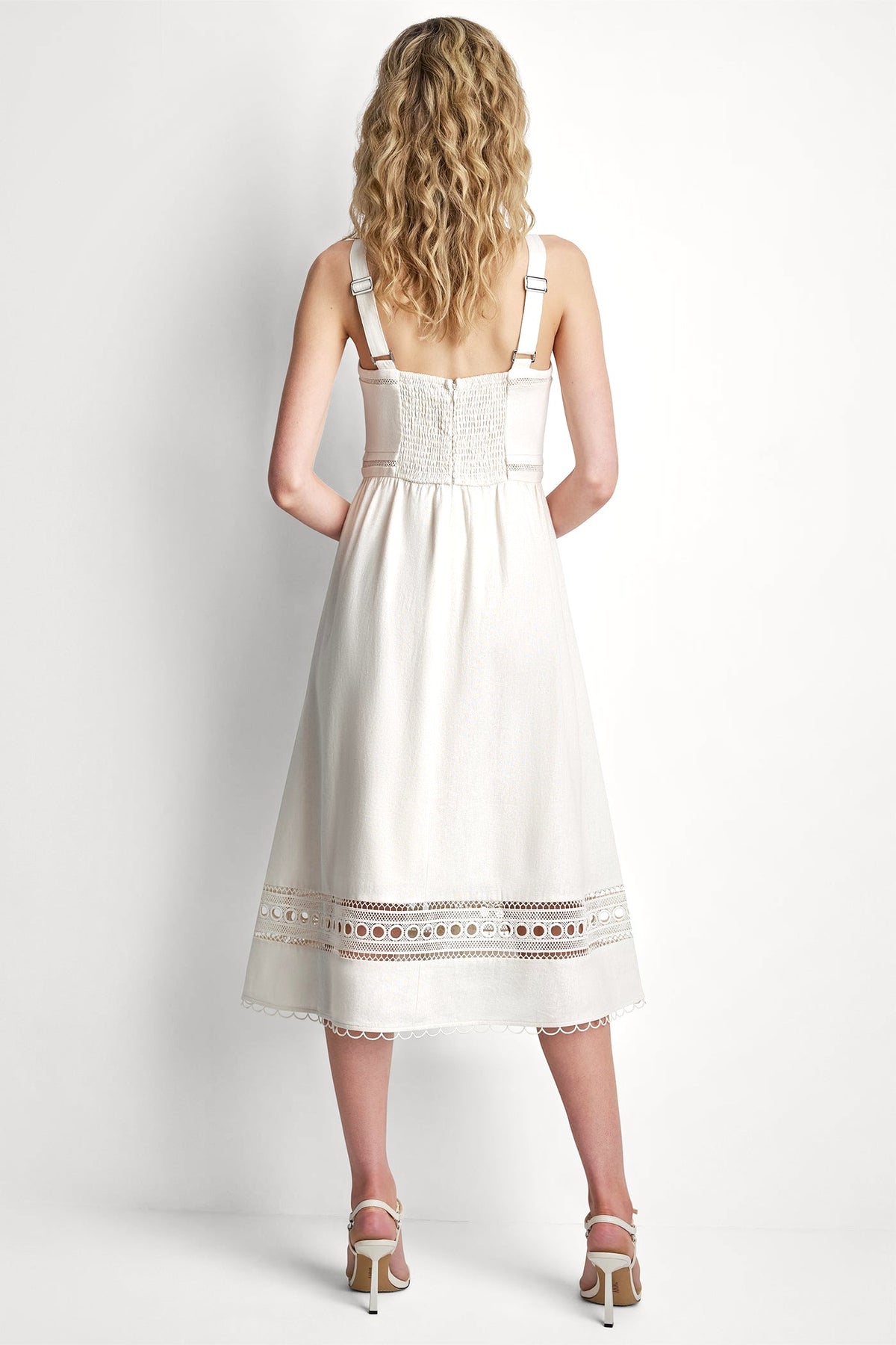 LINEN-BLEND LACE-TRIMMED MIDI DRESS - Coconut | DKNY